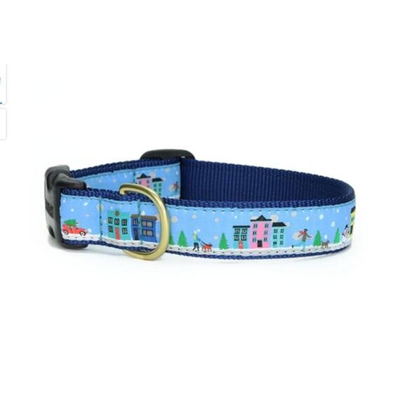 Up Country Blue Winter Holiday Print Dog Collar, Medium - Picture 1 of 2